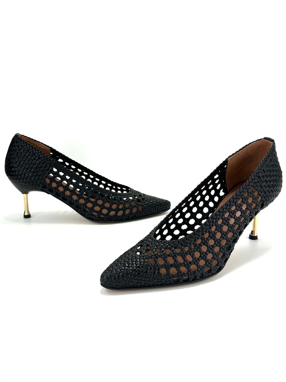 Souliers Martinez Menorca Pumps Sz 8/38 Black Ebro Woven Leather Gold High Heels